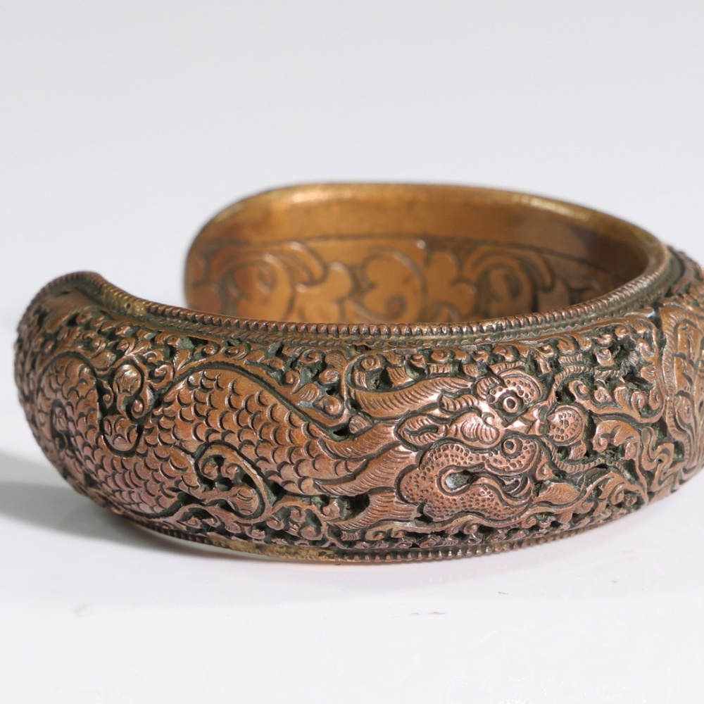 Vintage Dragon Leaf Pattern Copper Cuff Bracelet - image 2